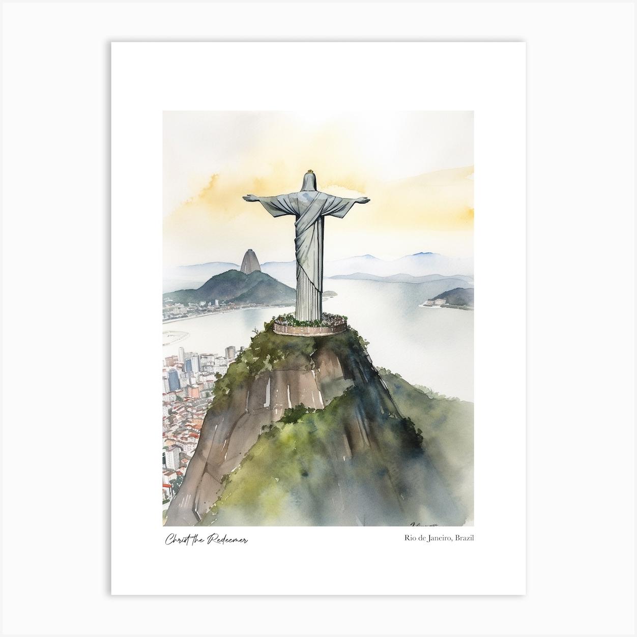 Christ The Redeemer, Rio De Janeiro, Brazil 3 Watercolour Travel Poster Art Print by Fusion Designs