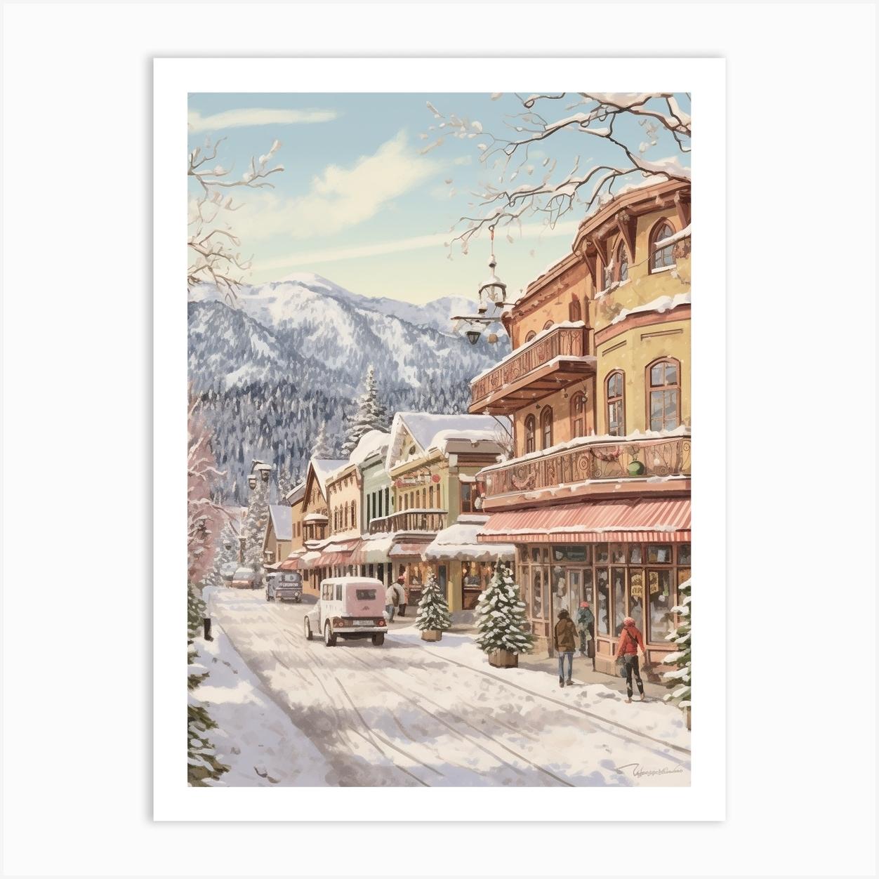 Vintage Winter Illustration Leavenworth Washington 2 Affiche