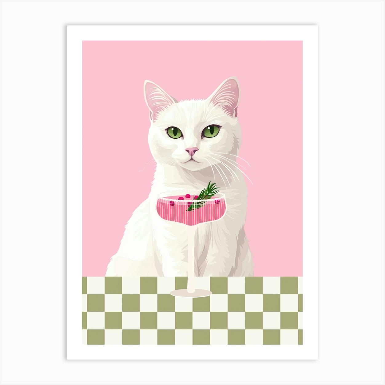 white cat with girly cocktail art in a girly aesthetic, trendy wall art in pink and green perfect for kitchens, bar carts, coffee bars and living
