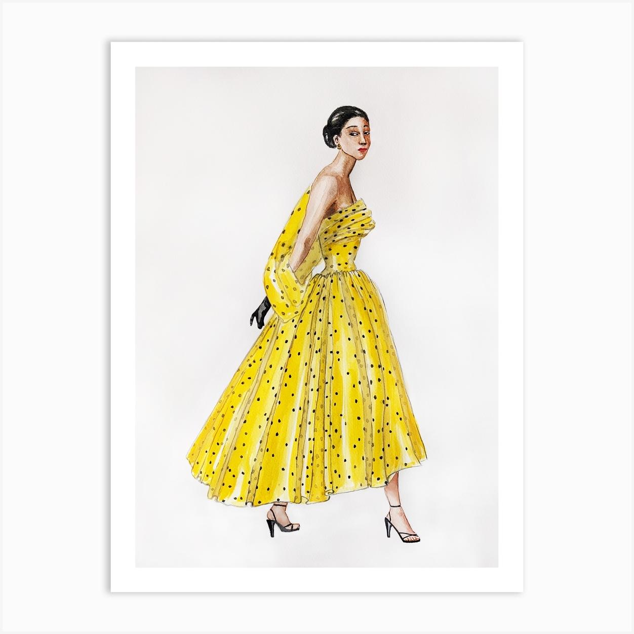 Watercolor illustration of a woman in a vintage yellow polka dot dress Art Print by Valza