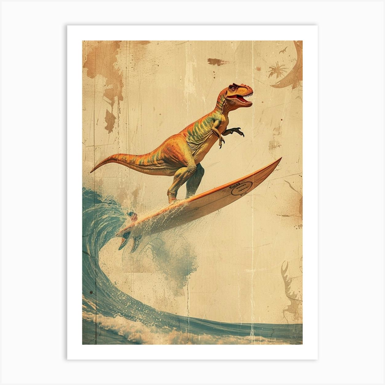 Vintage Dimorphodon Dinosaur On A Surf Board 3 Art Print by Bubblegum Kitsch