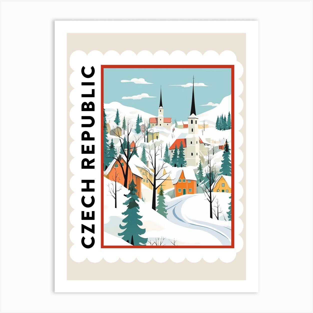 Retro Winter Stamp Poster Cesky Krumloy Czech Republic 2 Art Print by Bon Hiver Prints