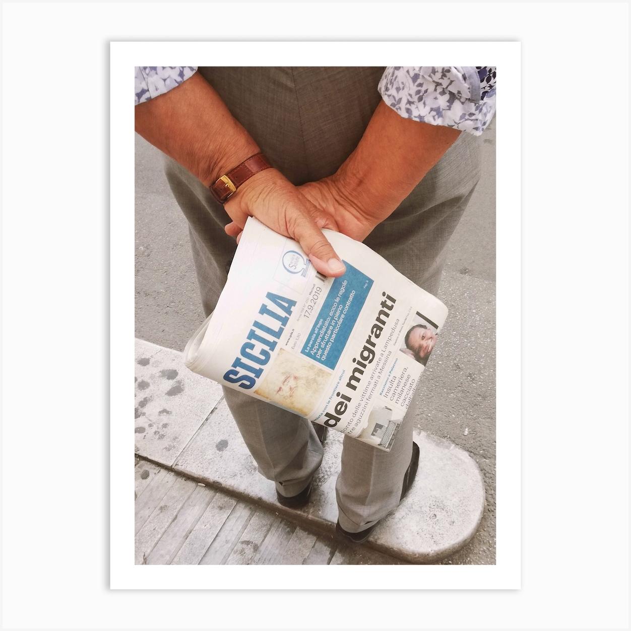 Sicily Newspaper Close up Italy Art Print by Majchila Design Studio