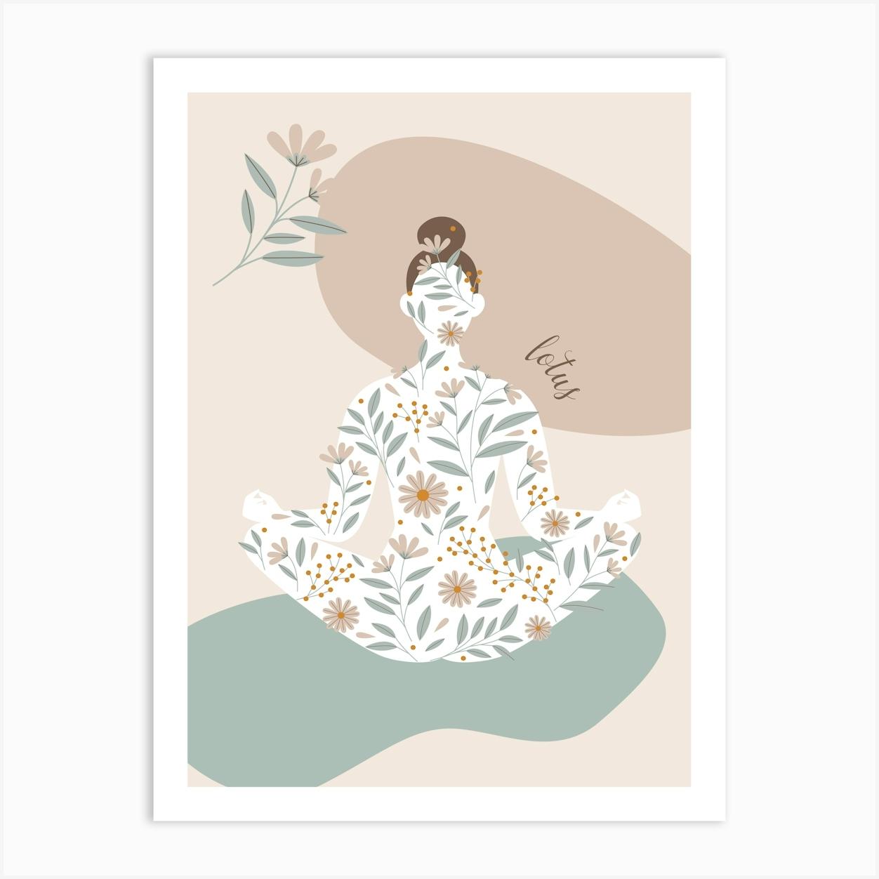 Yoga And Meditation. Boho Yoga Girl & Flowers — boho poster, boho wall art Art Print by Synthwave1950