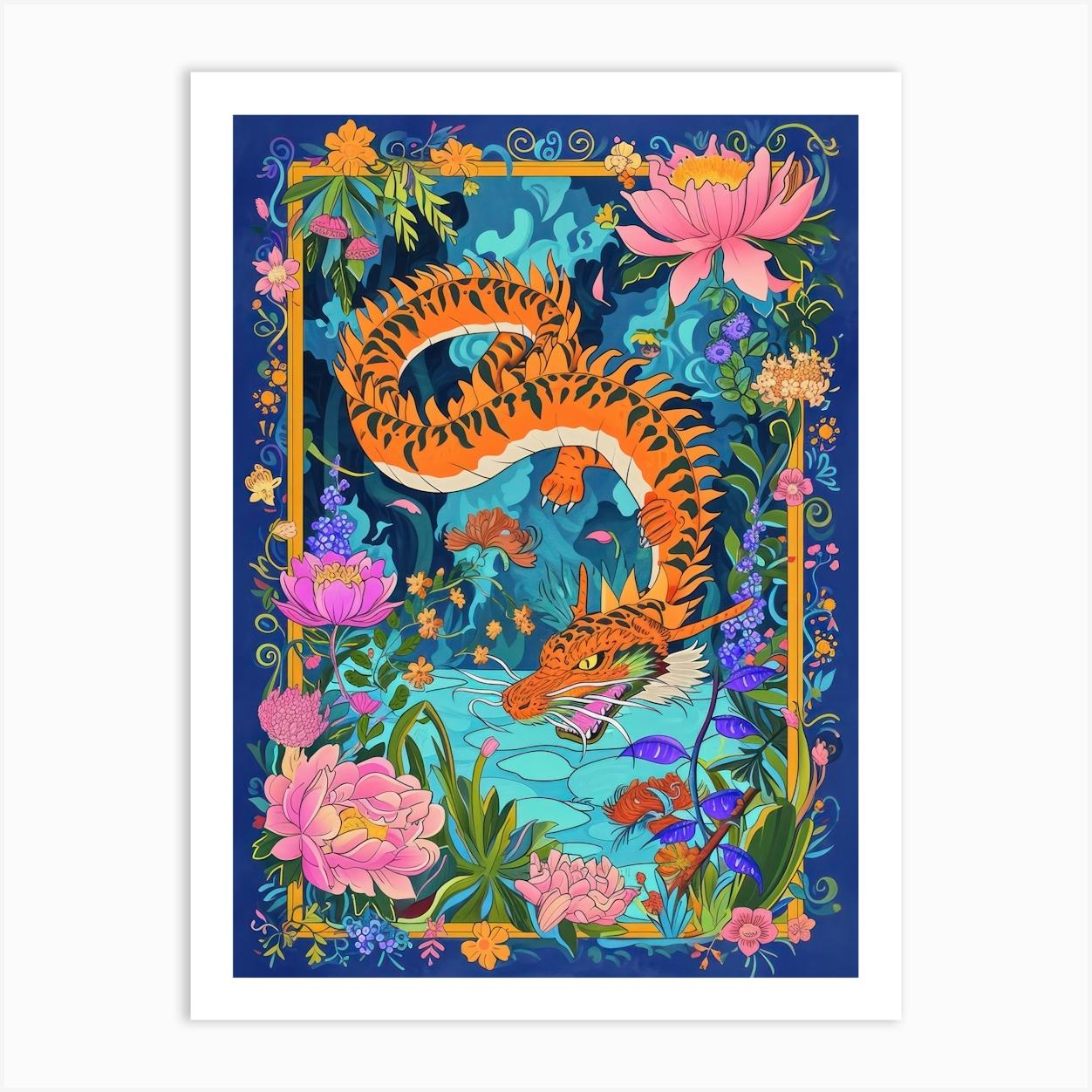 Lunar Year Of The Dragon 2024 Orange Dragon With Floral Frame Art Print by Mambo