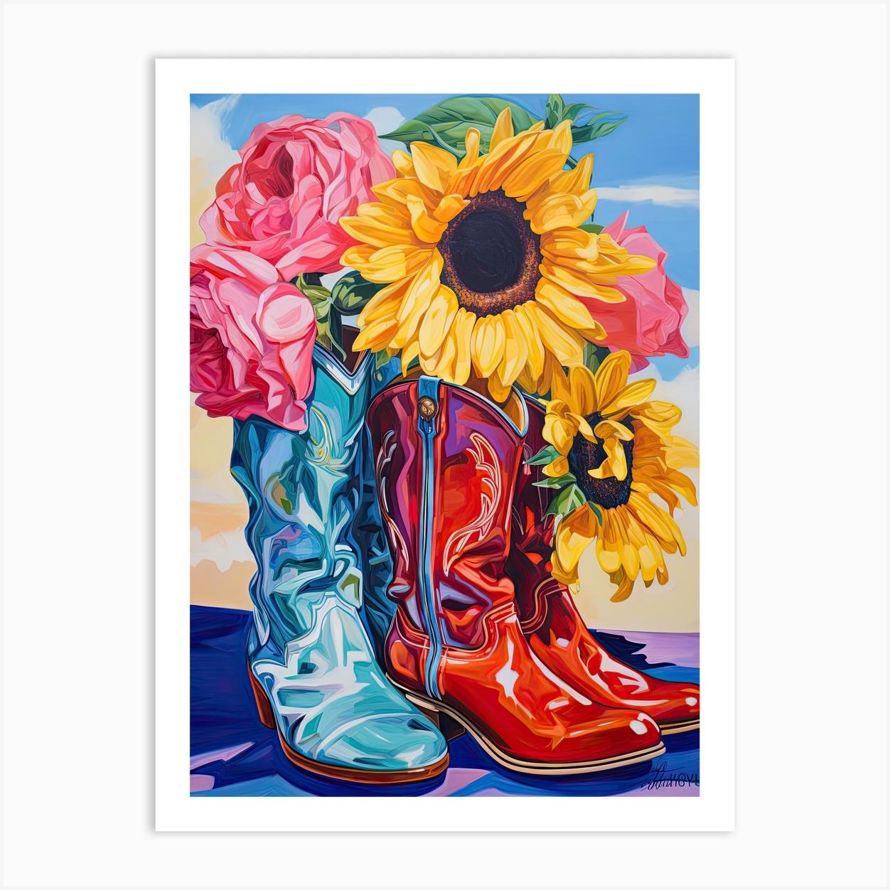 Oil Painting Of Sunflower Flowers And Cowboy Boots, Oil Style 4 Art Print by Blossom Boots