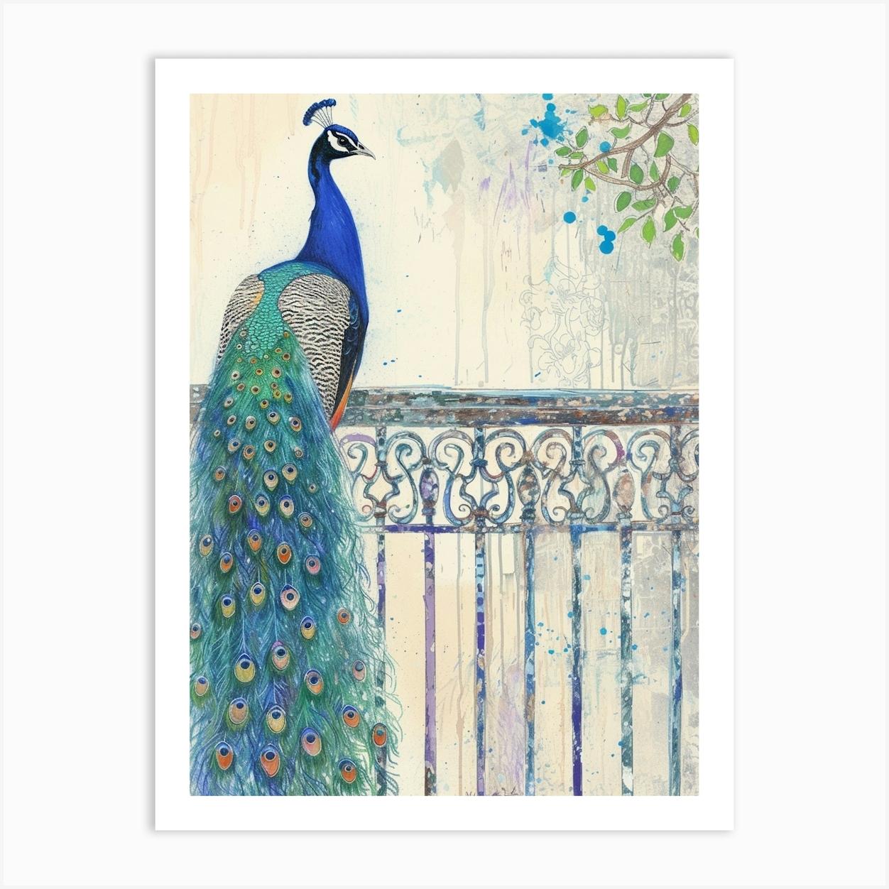 Peacock On French Metal Railing 2 Art Print by Featherline