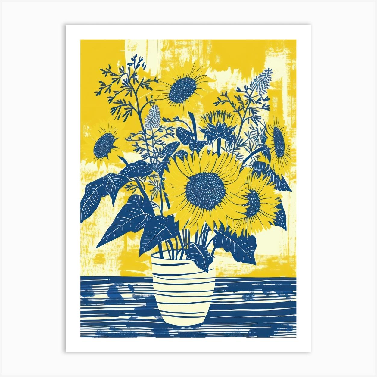 Sunflowers Flowers On A Table Contemporary Illustration 3 Póster