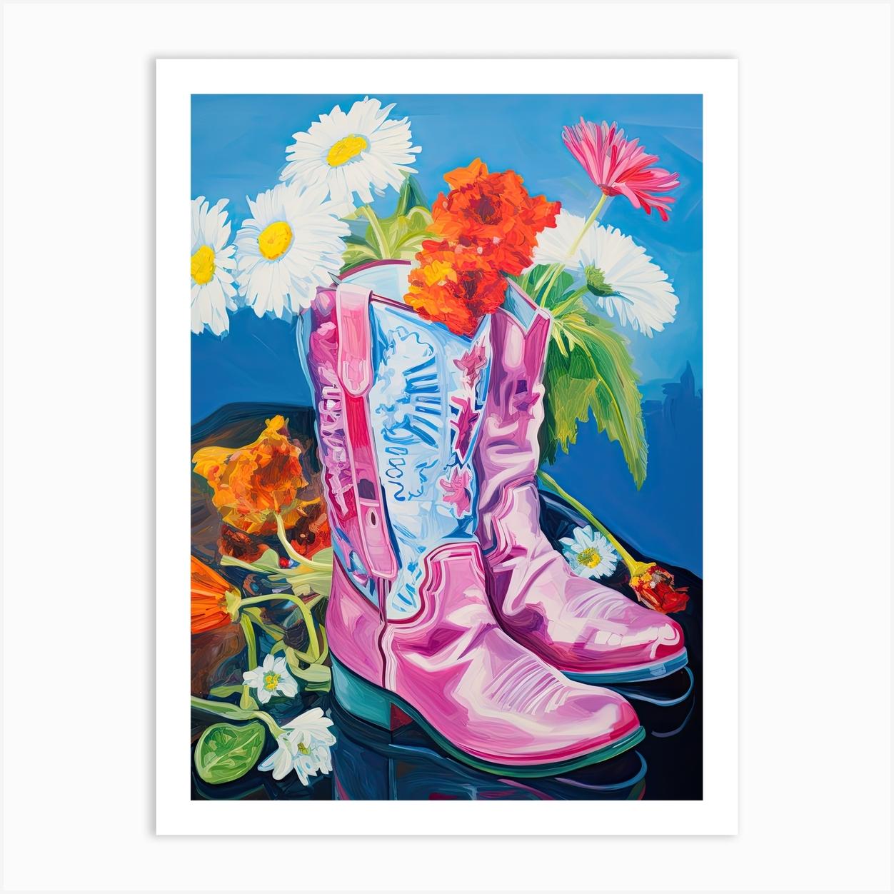 Oil Painting Of Wild Flowers And Cowboy Boots, Oil Style 1 Art Print by Blossom Boots