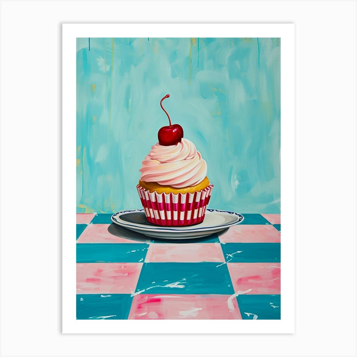 Cupcake Pink & Blue Checkerboard Art Print by Artful Appetite