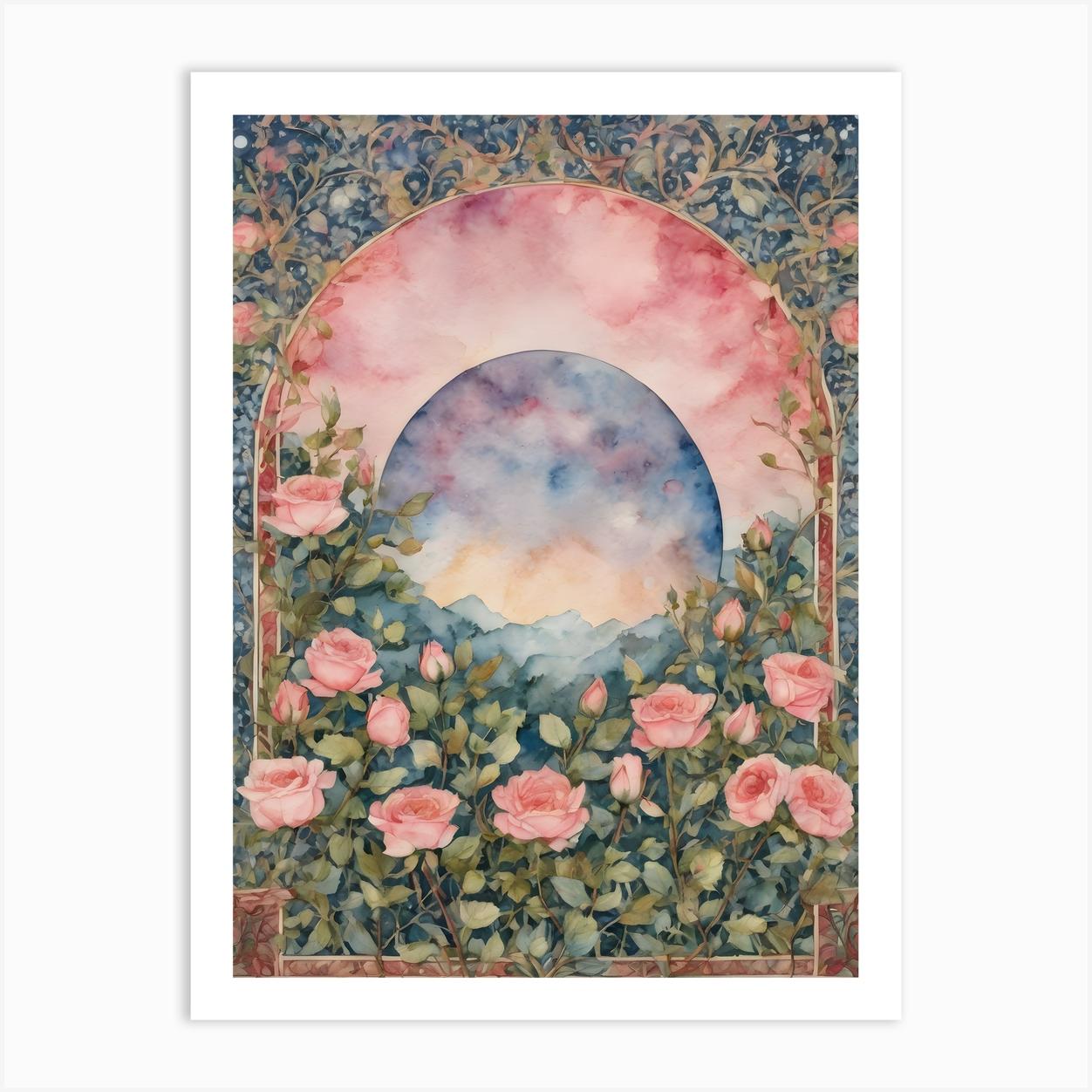 Blue Moon Amongst Pink Roses ~ Art Nouveau Tarot Double Moon Vines Room Wall Home Decor ~ Witchy Pagan Beautiful Pink Full Moon ~ Bohemian Watercolour