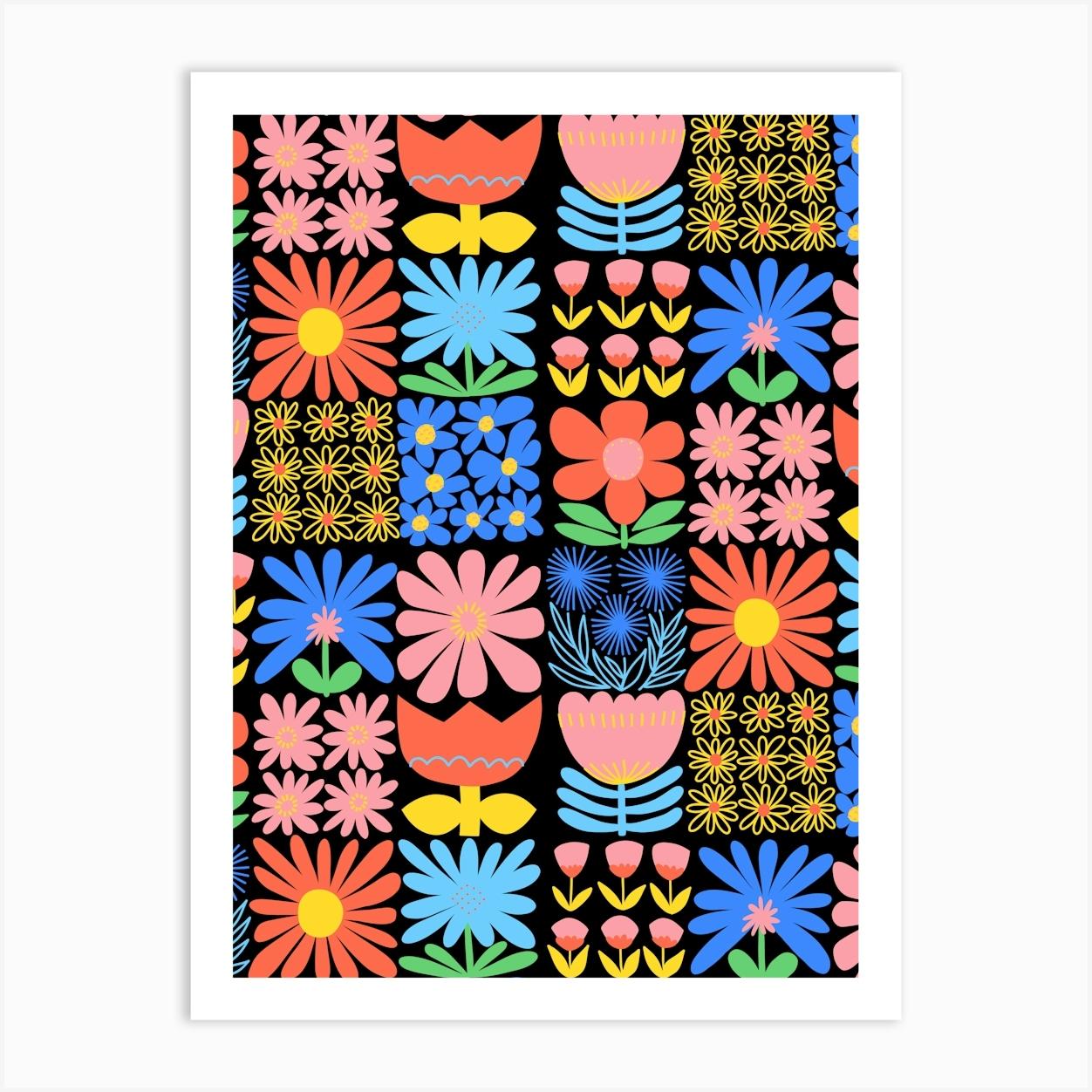 Modern Floral Folk Art Bold Flower Squares Bright Rainbow Art Print by Sandra Hutter Designs