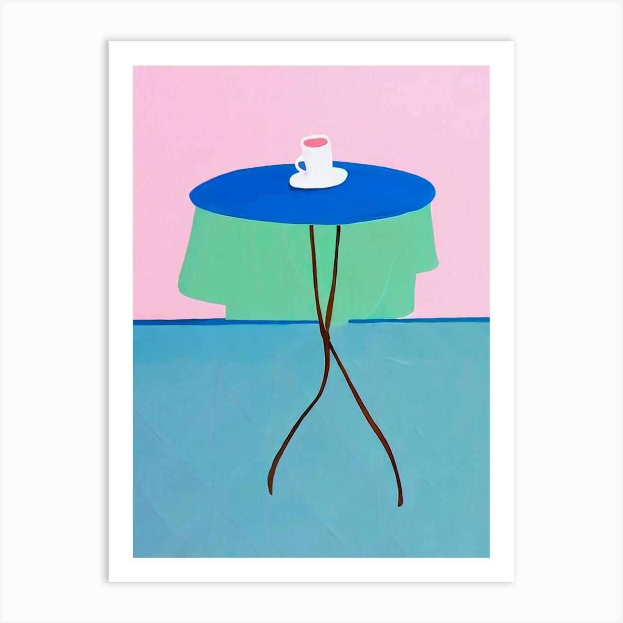 Café Table Art Print – Modern Abstract Coffee Cup Illustration in Blue and Pink Poster