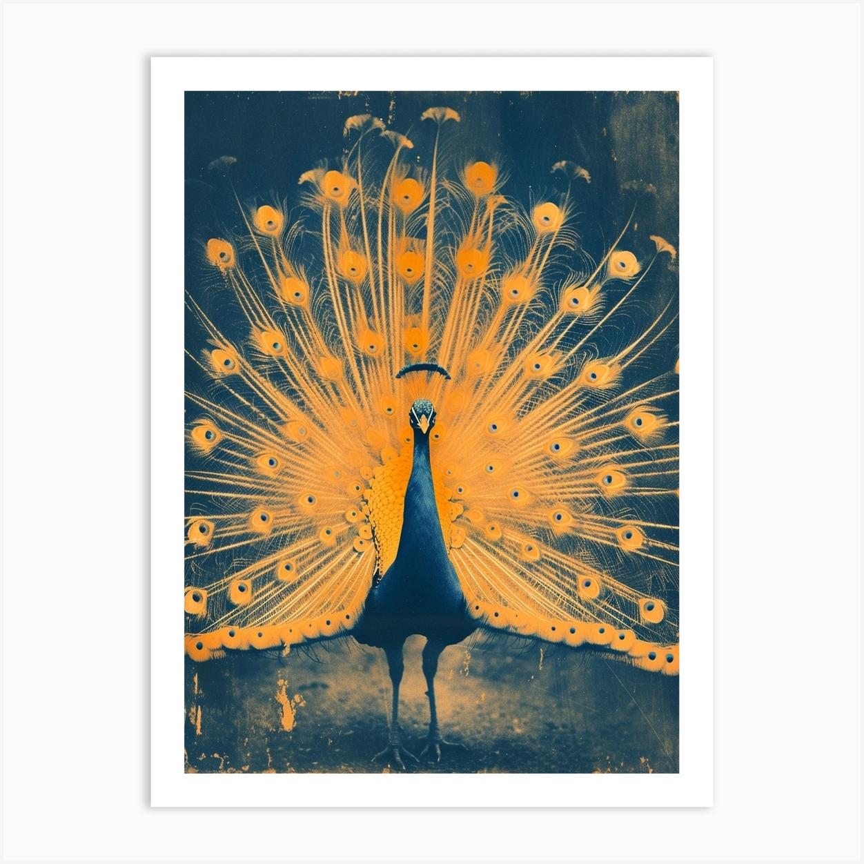 Orange & Blue Peacock With Feathers Out Poster