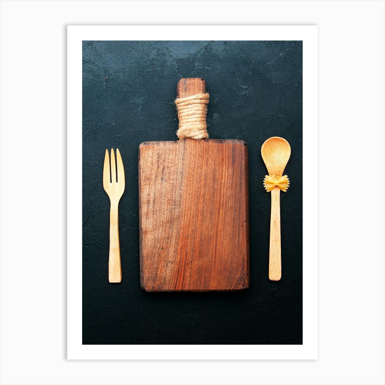 Chopping board & wooden spoon — Food kitchen poster/blackboard, photo art Art Print by Synthwave1950
