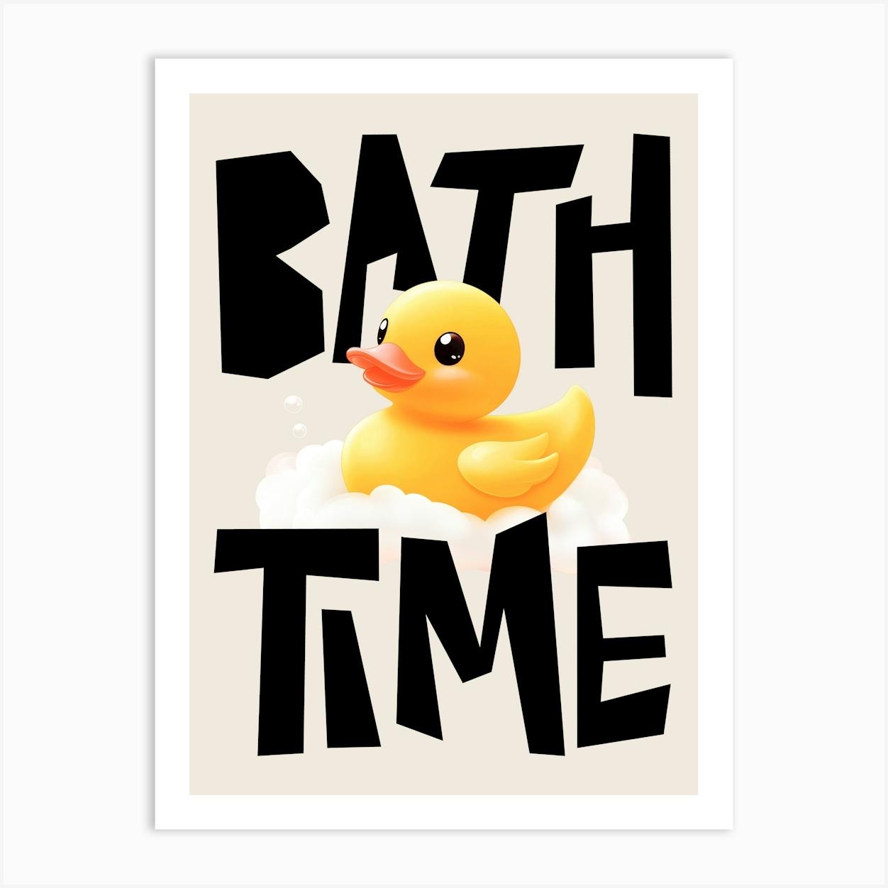 Cute Rubber Duck Bathroom Art for Kids, Beige and Black Bath Time Poster Rubber Ducky Wall Print for Nursery or Playroom, Funny wall art for Bathroom