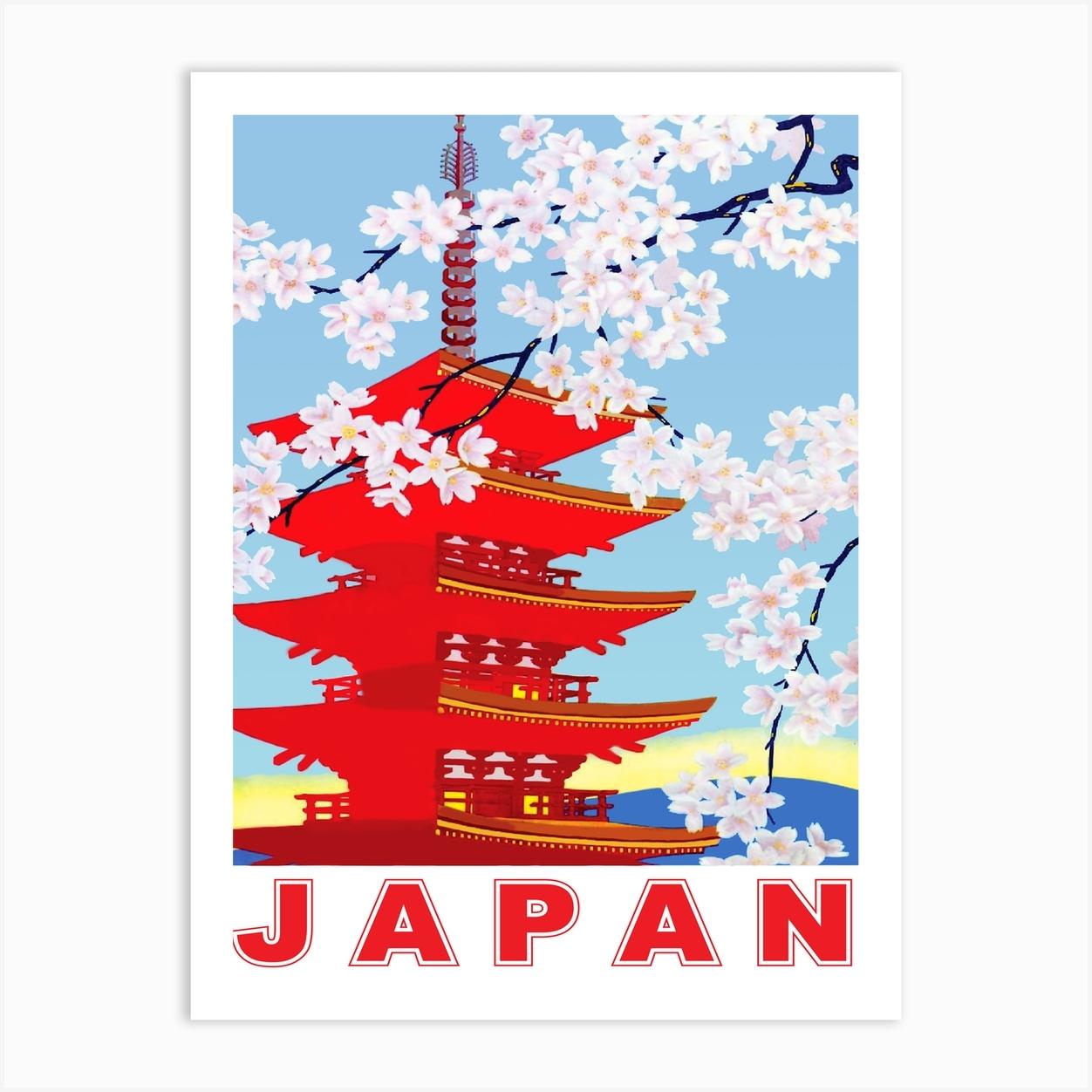Japan, Cherry Blossoms Over The Red Temple Art Print by Vintage Spirit