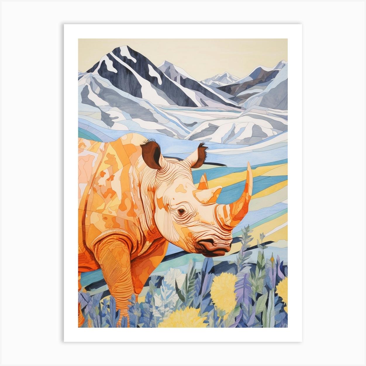 Rhino With Flowers & Plants 5 Art Print by AfricanWild Strokes