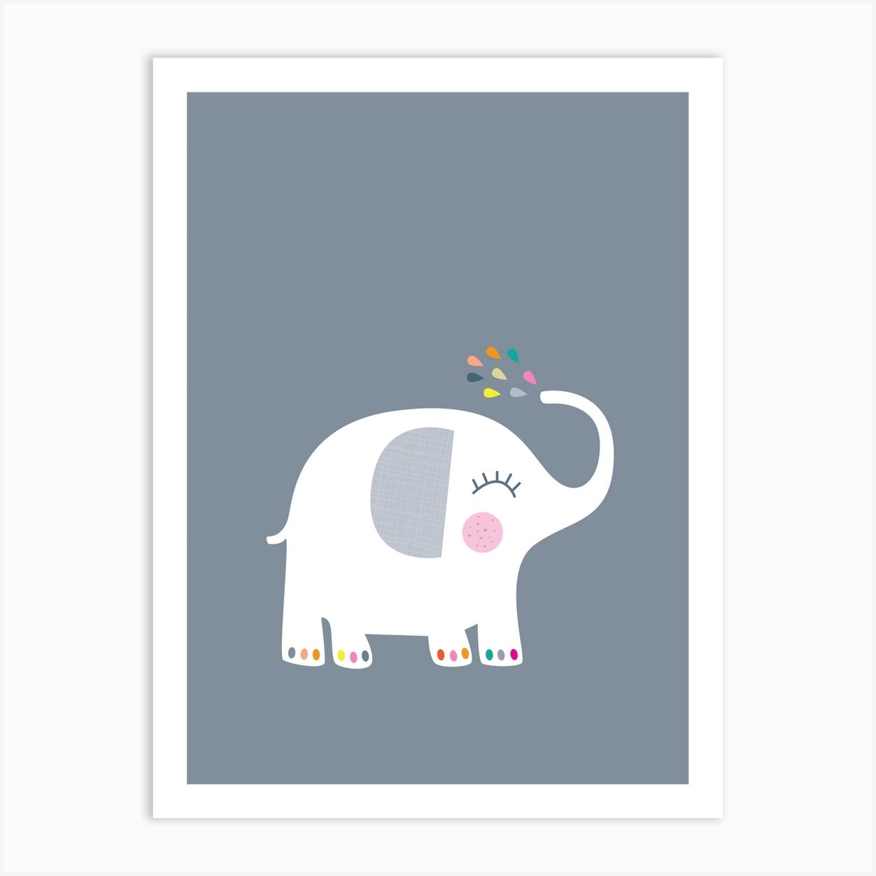 Rainbow Grey Elephant Art Print by Les Petits Buttons