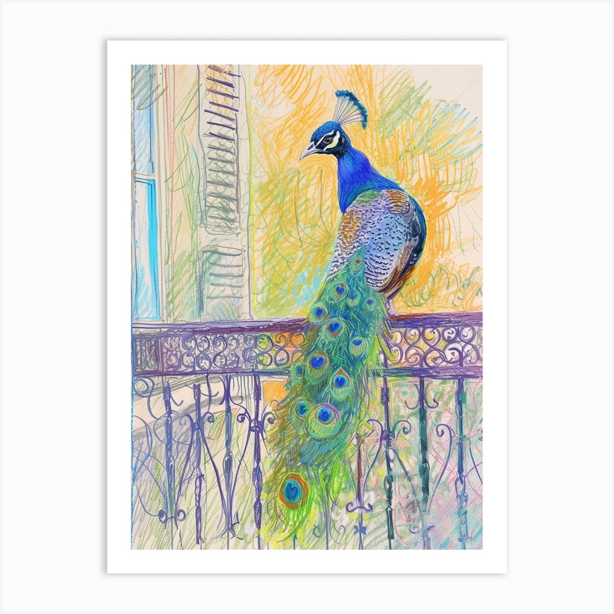 Peacock On French Metal Railing 1 Art Print by Featherline