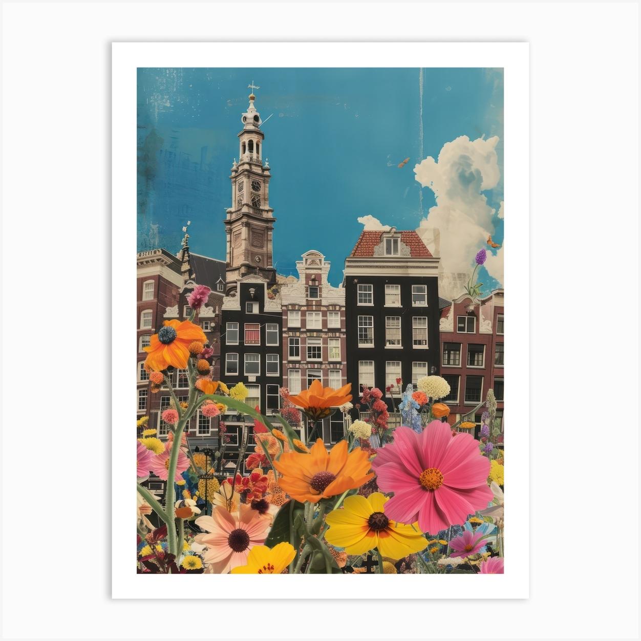 Amsterdam Floral Retro Collage Style 1 Art Print by Cityscape Art Co.