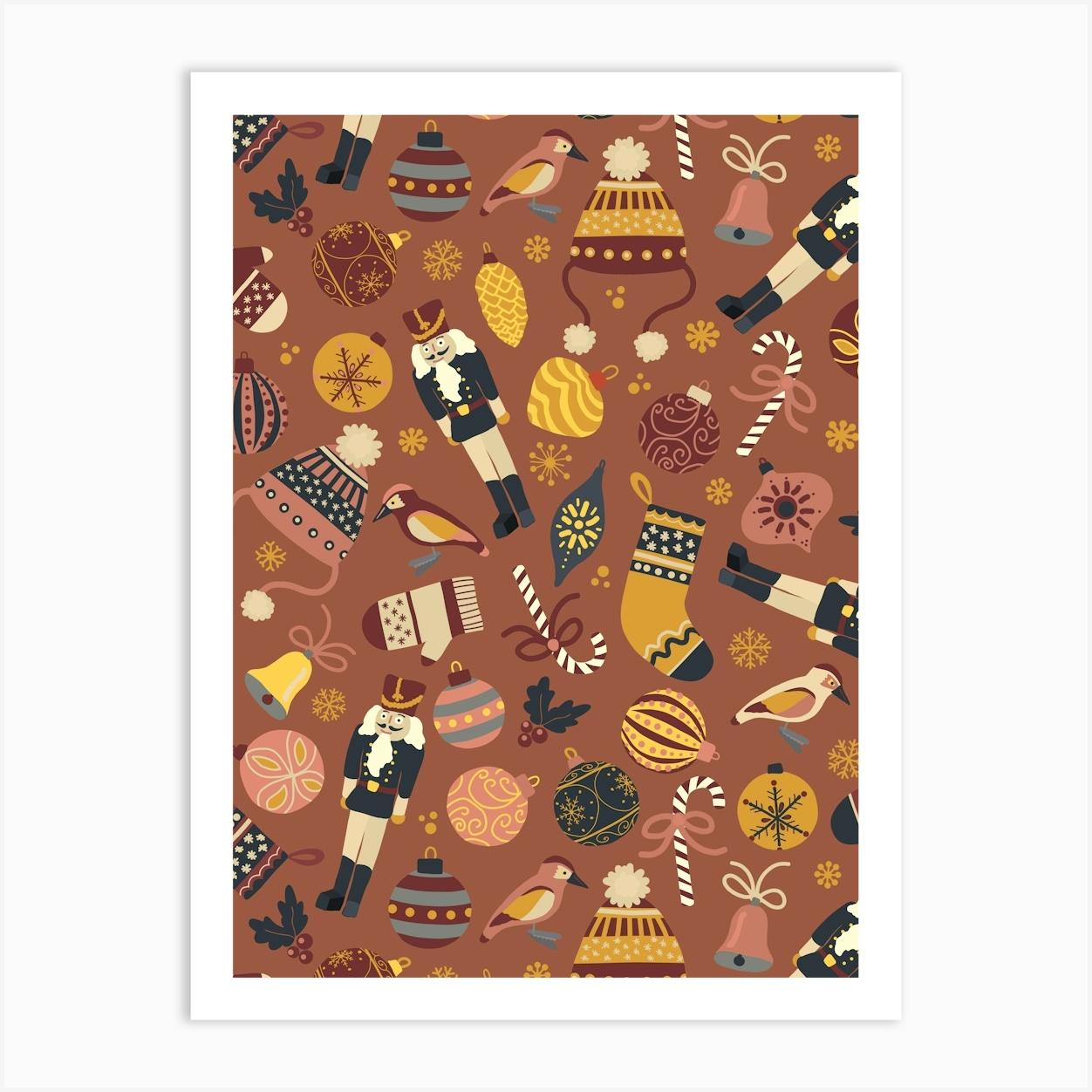 Scattered Christmas Toys, Ornaments, and Treats Pink Yellow Rust Red Art Print by Sandra Hutter Designs