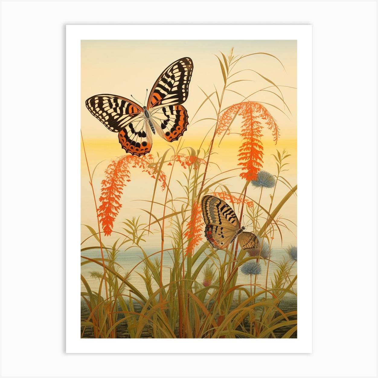 Butterflies In The Grass Japanese Style Painting 3 Art Print by Whimsical Meadows