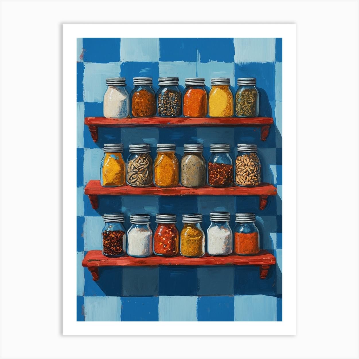 Spices On Shelves Blue Checkerboard Art Print by Artful Appetite