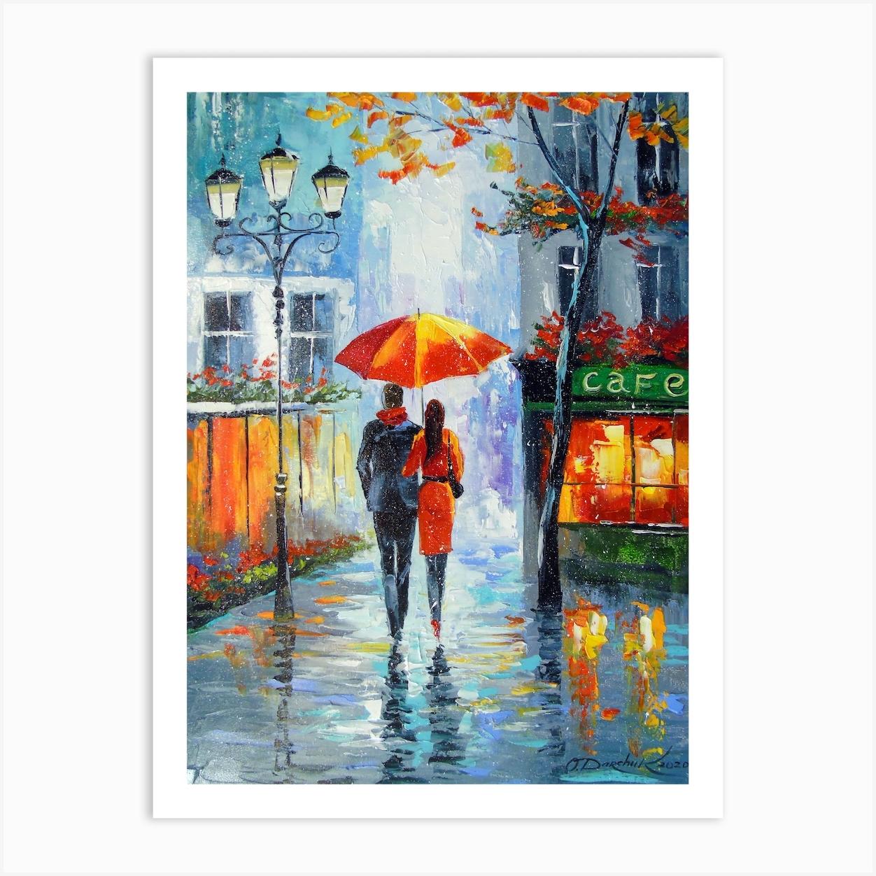 A romantic walk in the city Art Print by Olha Darchuk