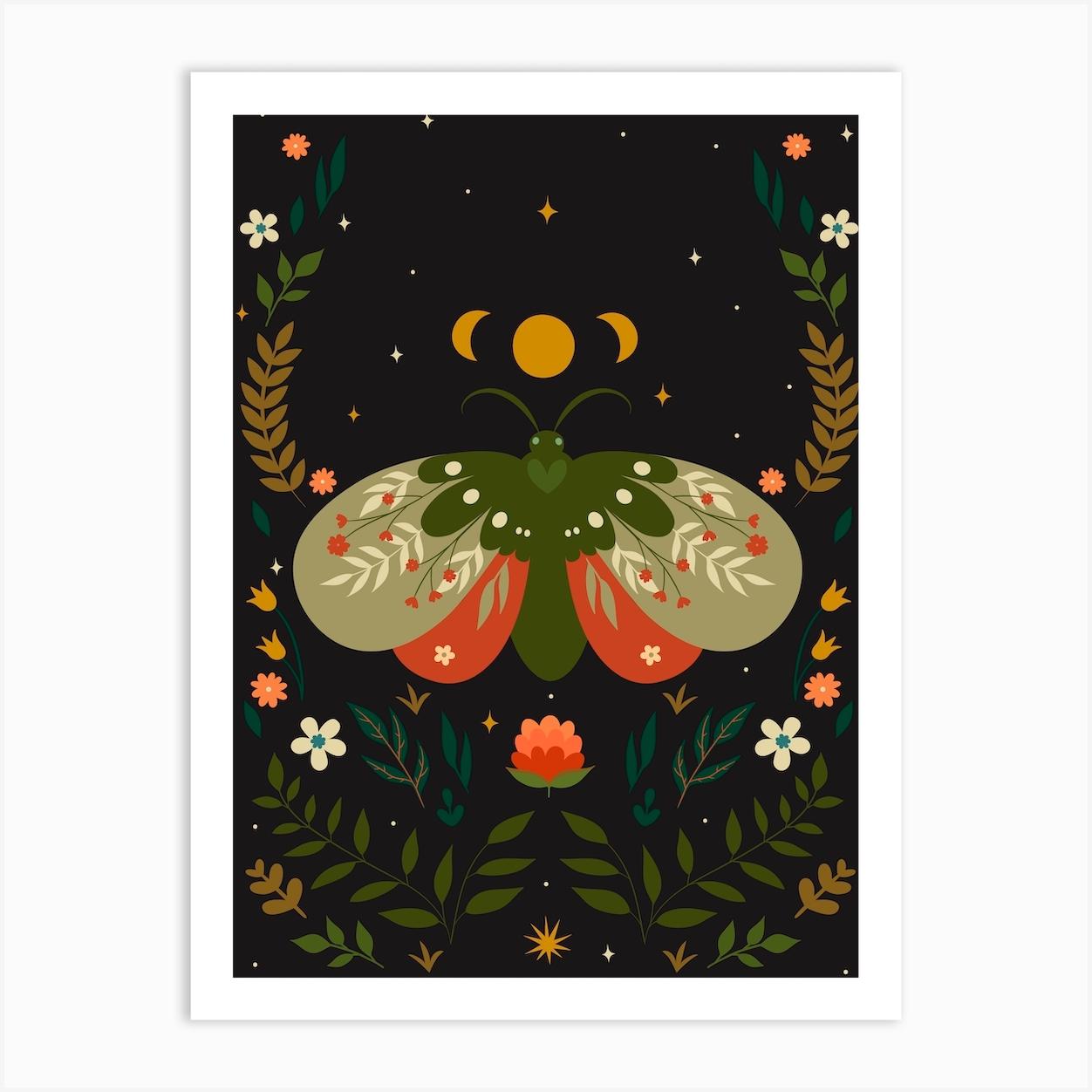 Moon Moth Scandinavian Folk Art Print by Artsy Bessy
