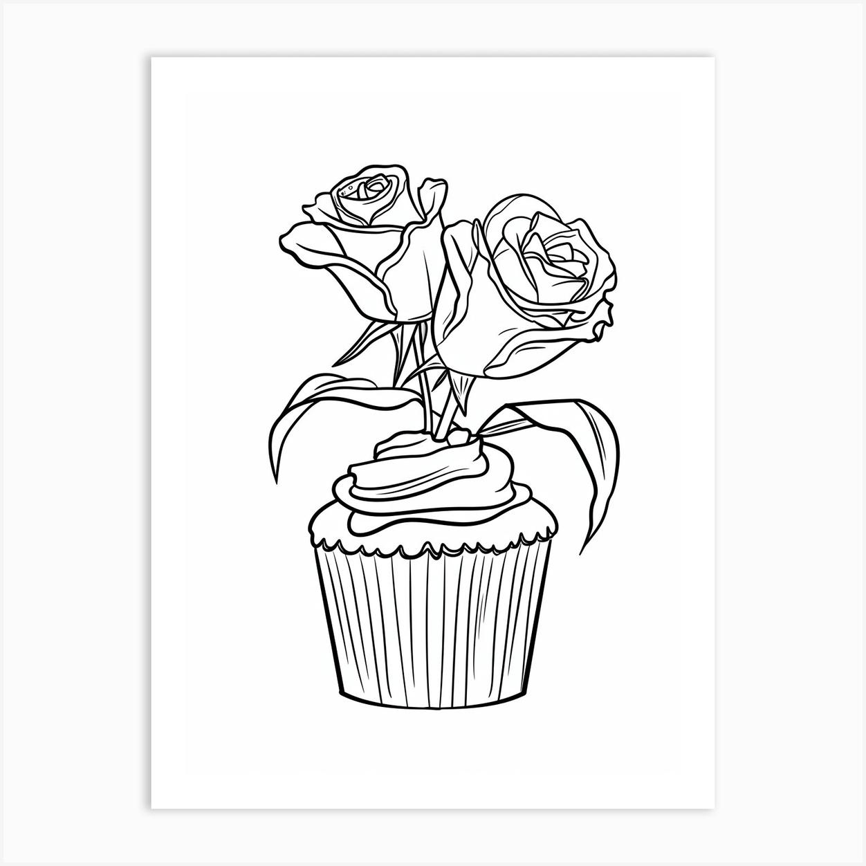 Rose Cupcake Line Drawing 4 Poster
