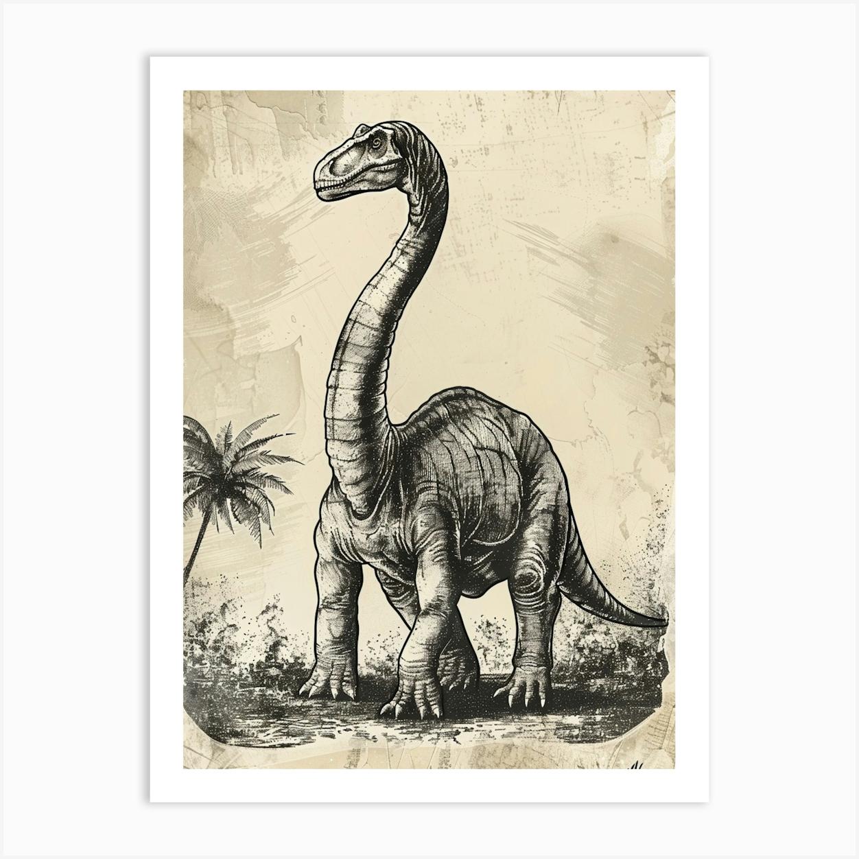 Brontosaurus Dinosaur Black Ink Illustration 1 Póster