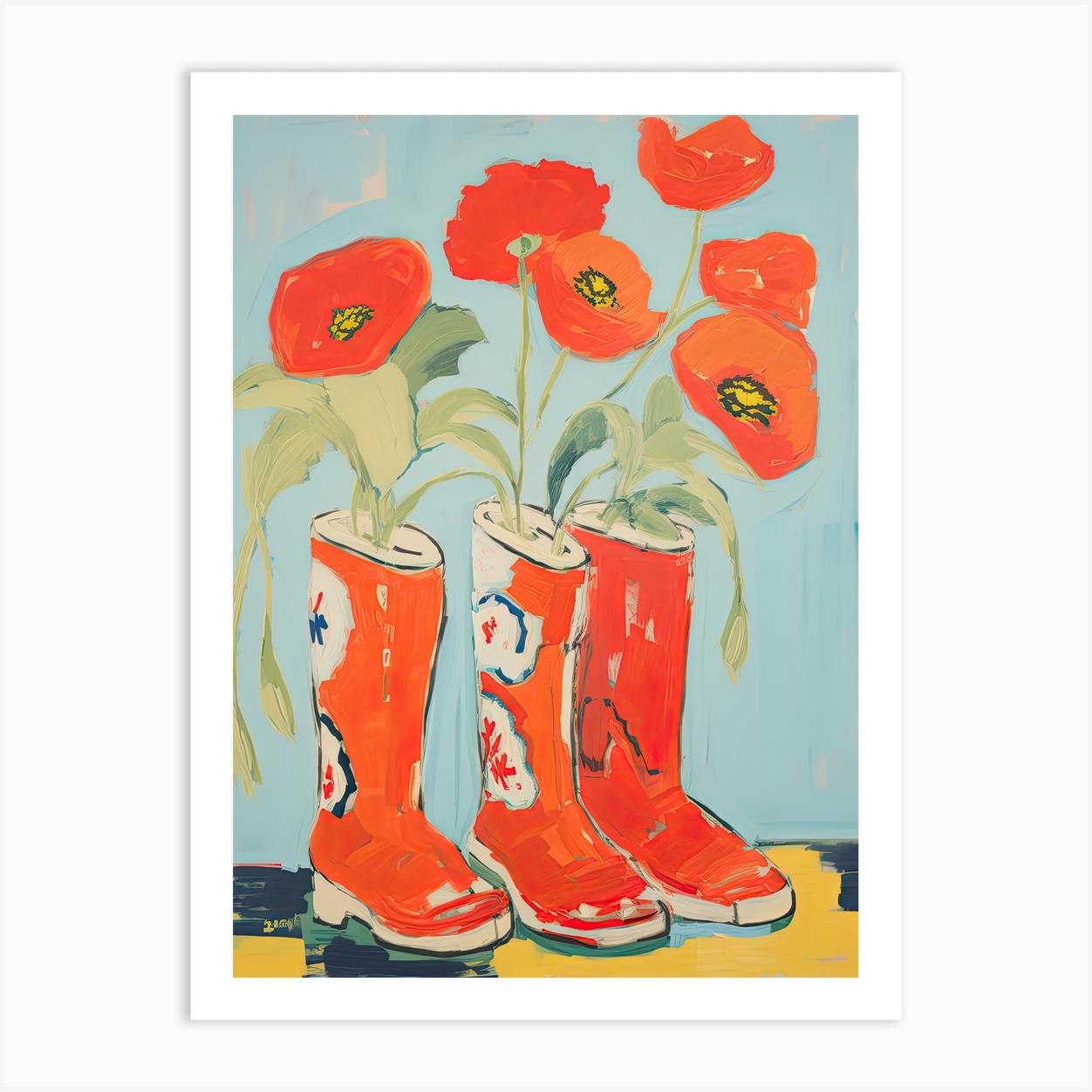 Painting Of Red Flowers And Cowboy Boots, Oil Style 3 Art Print by Blossom Boots
