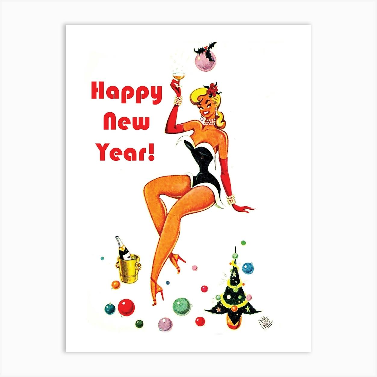 Happy New Year, Pinup Girl With A Champagne Glass Art Print by Vintage Spirit