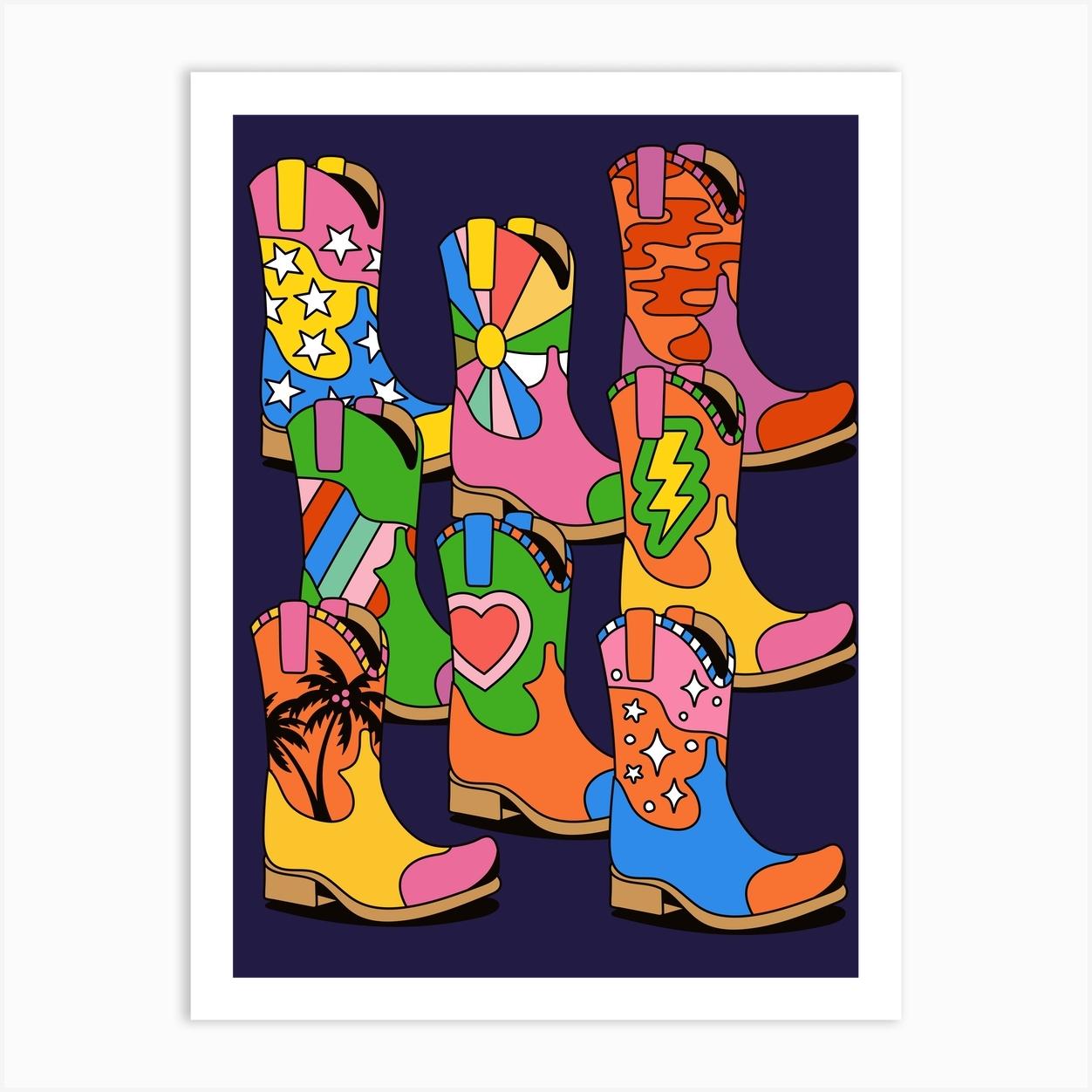 Colorful Psychedelic Pattern Desert Cowgirl Cowboy Western Boots Festival Retro Vintage Style Art Print by SEASONOFVICTORY