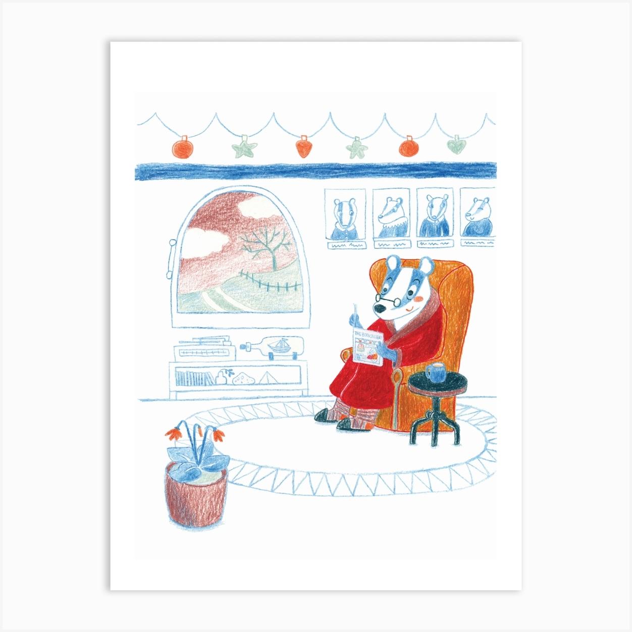 Badger In Armchair Reading Christmas Holiday Decorations Winter Art Print by Romica Jones