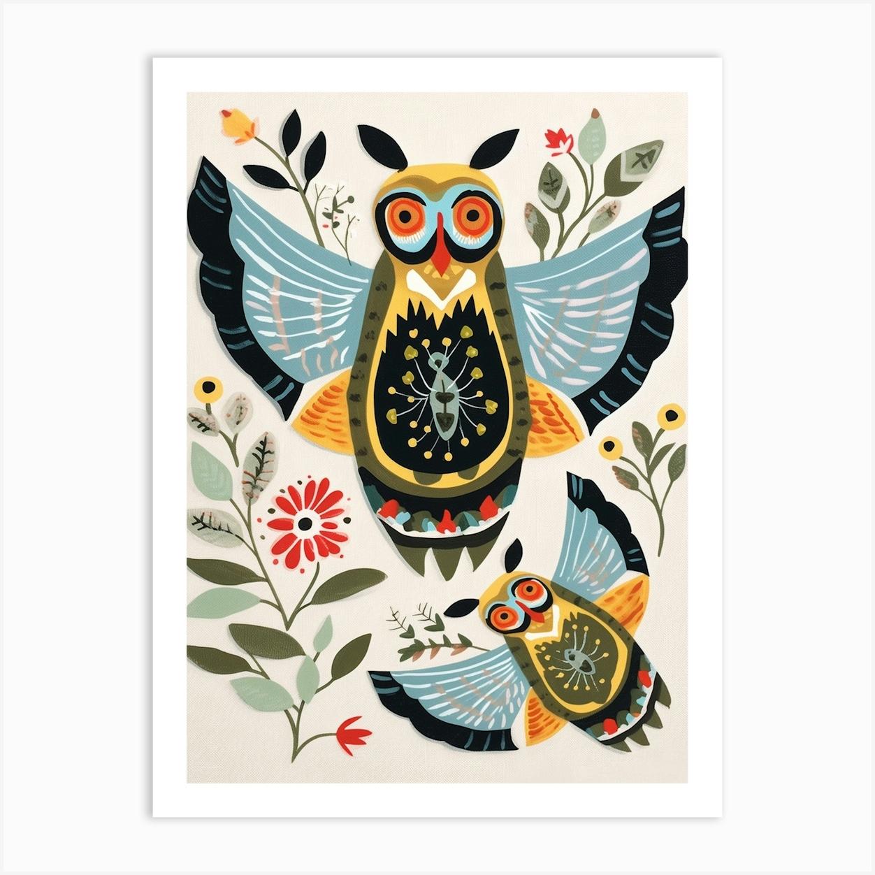 Folk Style Bird Painting Great Horned Owl 3 Art Print by Feathered Muse