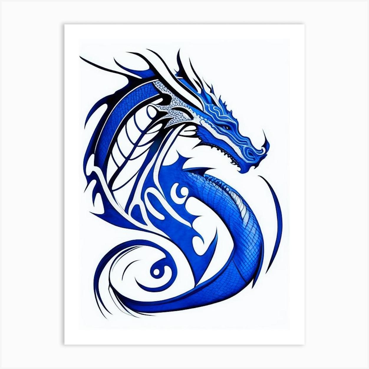 Dragon Symbol Blue And White Line Drawing Art Print by Symbolic Expressions