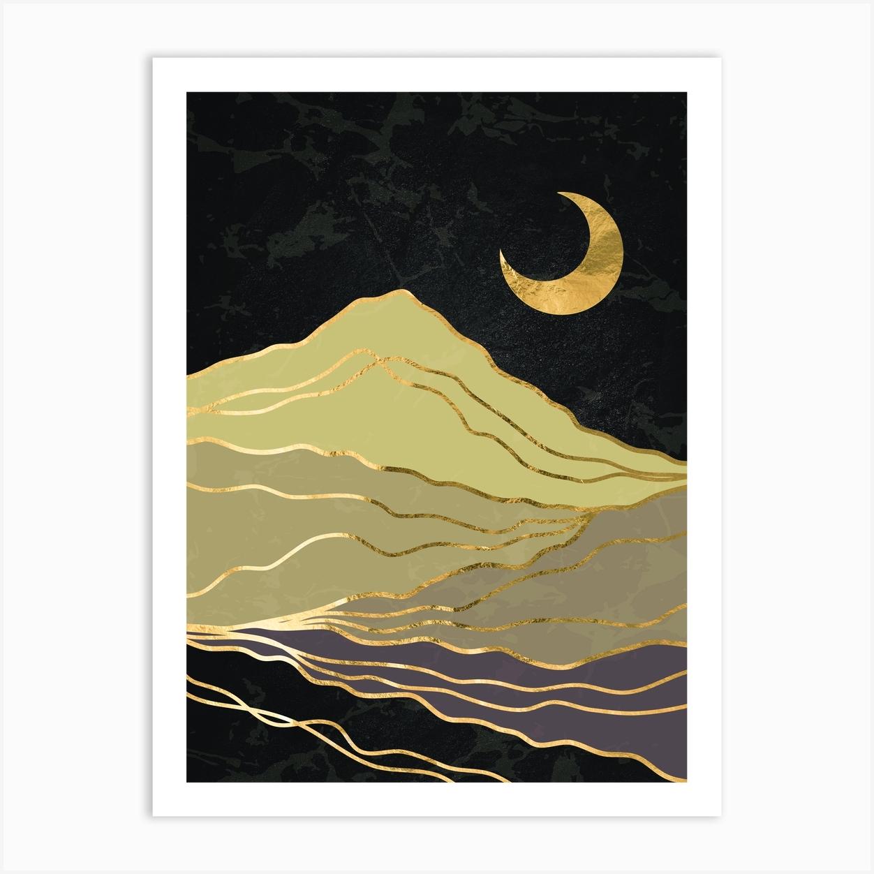 Gold Mountains And Moon - Golden landscape with moon #6, Japanese gold poster Art Print by Synthwave1950