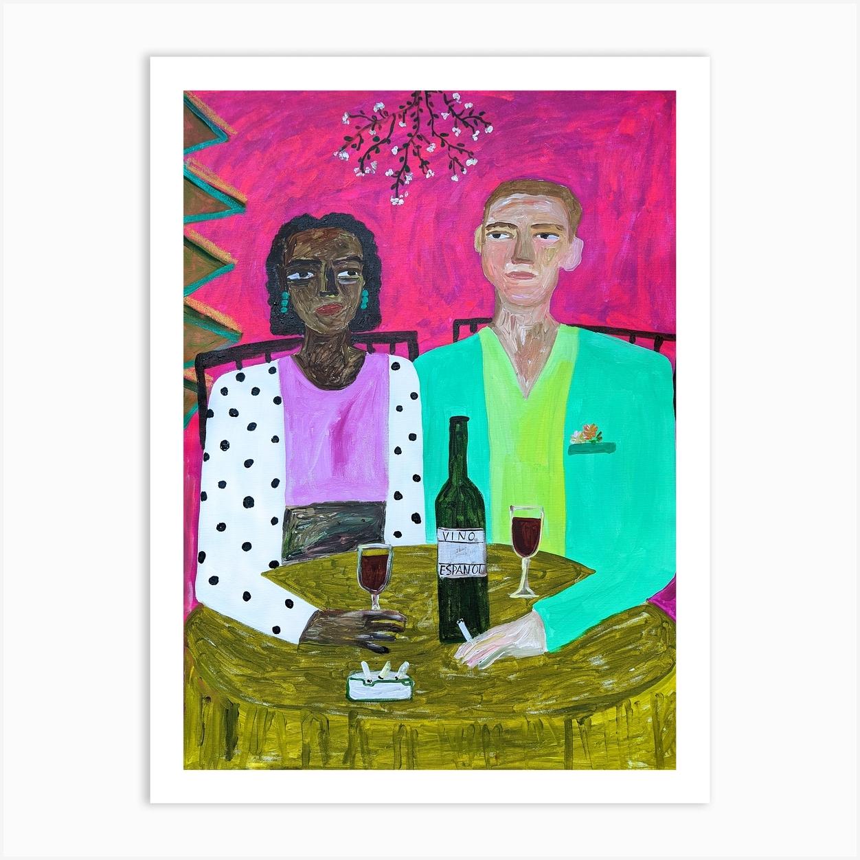 A couple of people at a table in a cafe drinking wine Art Print by Valza