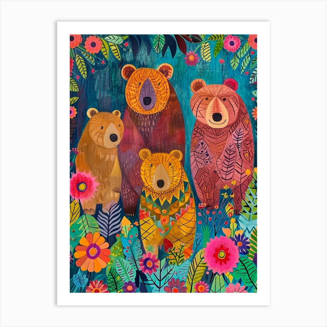 Colourful Floral Bear Family Art Print by Bubblegum Kitsch
