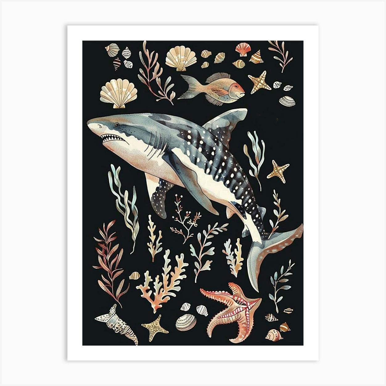 Angel Shark Seascape Black Background Illustration 3 Art Print by Energy of the Sea