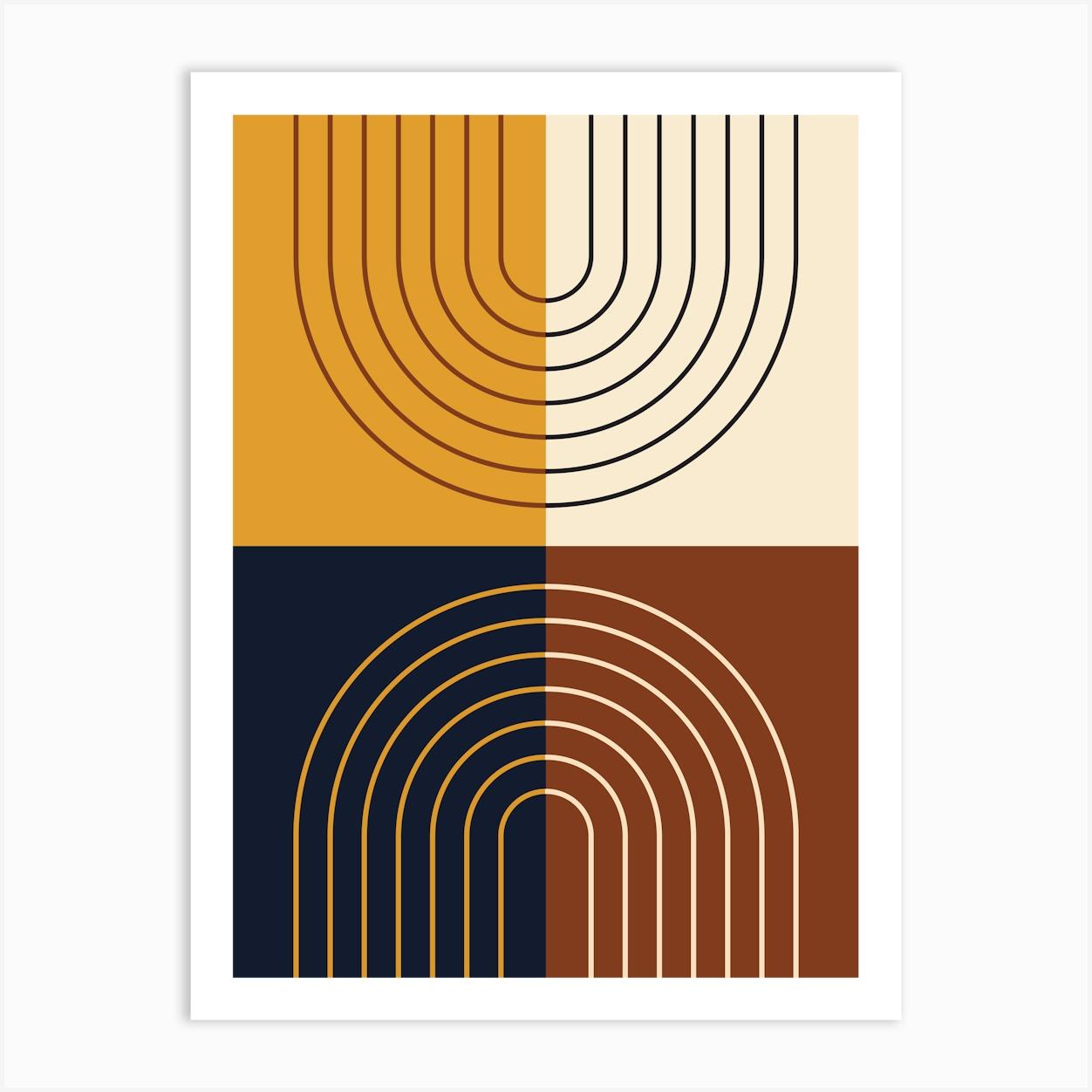 Abstract Rainbow Line and Blocks III in Mustard Brown Black Beige Midcentury Modern Art Print by NineFlorals
