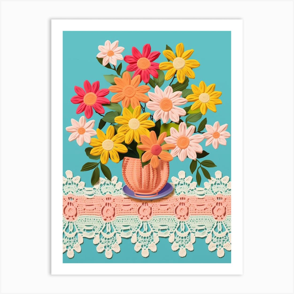 Crochet Dining Room Table With Flowers 2 Art Print by Crafty Crochet Studio