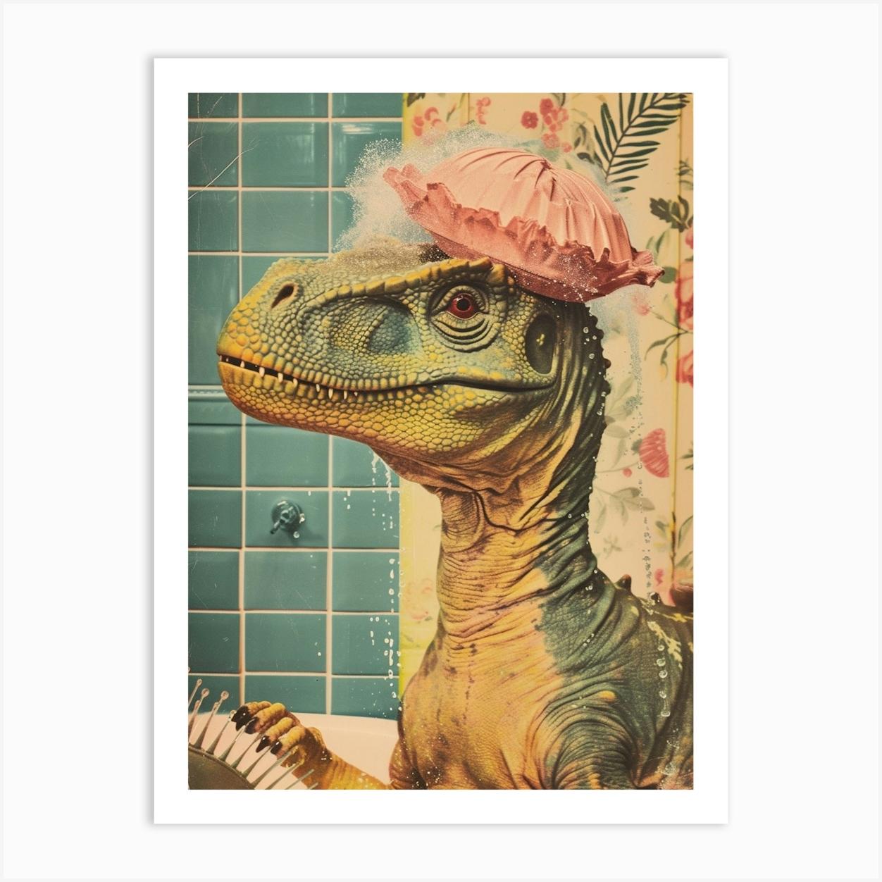 Dinosaur In The Shower With A Shower Cap Retro Collage 2 Art Print by Dino Delights