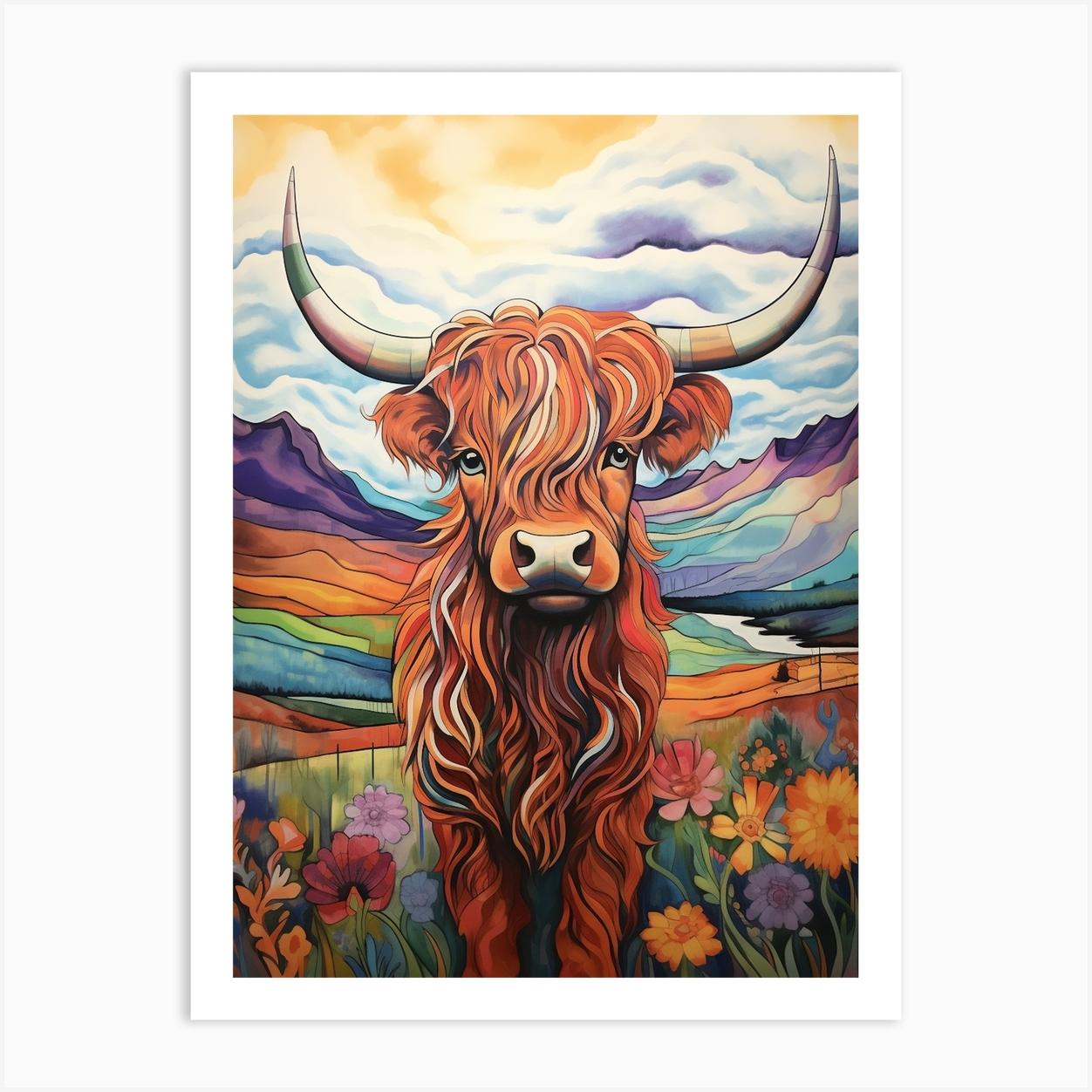 Colourful Patchwork Highland Cow Wavy Lines Poster