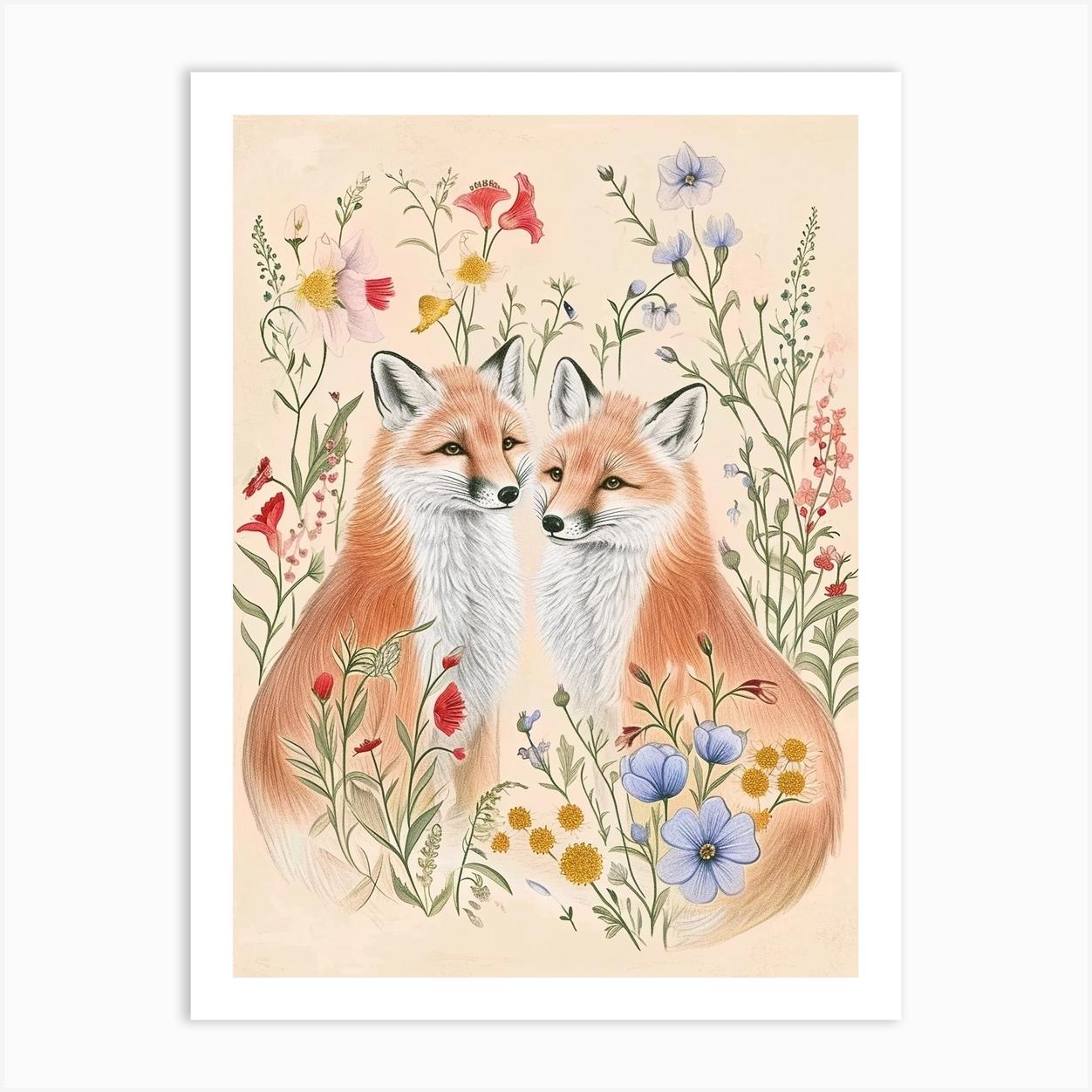 Folksy Floral Animal Drawing Fox 8 Art Print by Scribble Studio