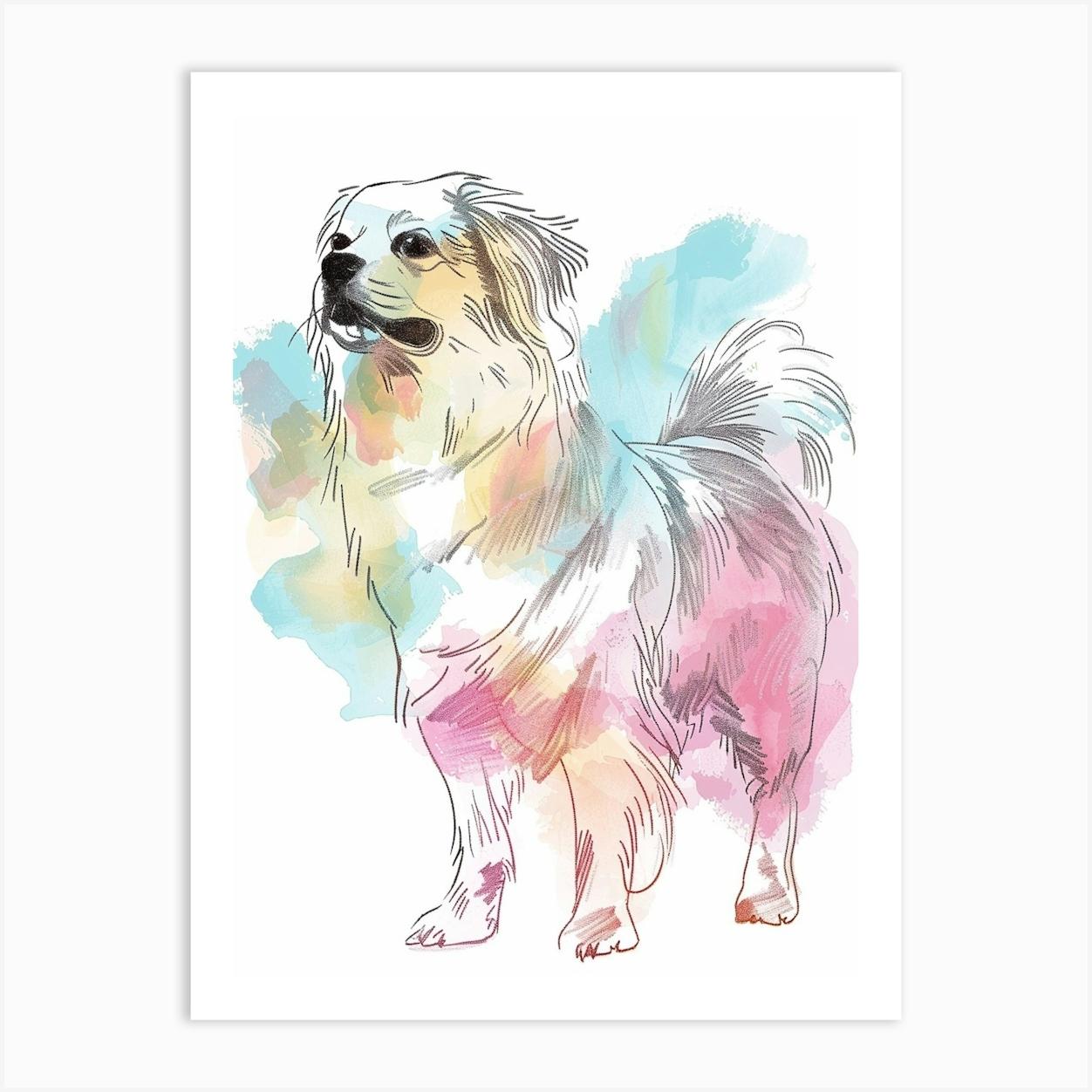 Pastel Tibetan Spaniel Dog Pastel Line Illustration 3 Art Print by Woof and Whiskers