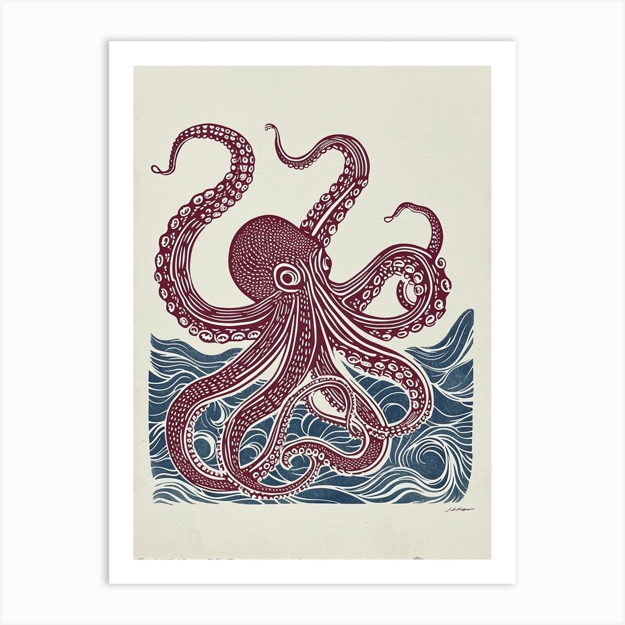 Red & Navy Blue Octopus In The Ocean Linocut Inspired 5 Art Print by Energy of the Sea