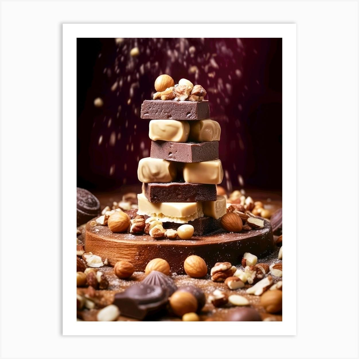 Chocolate And Nuts On A Wooden Table sweet food Art Print by JBJart Justyna Jaszke